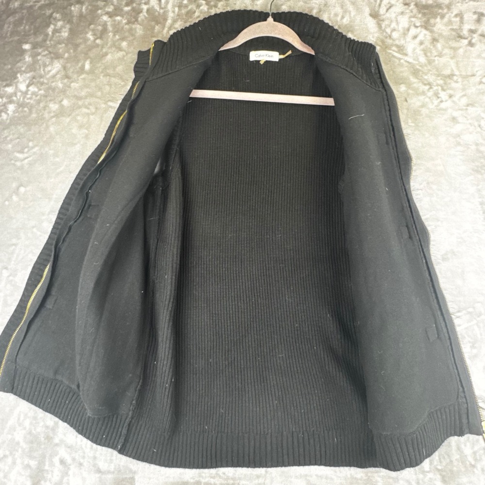 Calvin Klein Faux Fur Vest Womens XL Black Ribbed Knit Gold Buckle Zip (1617) - Picture 4 of 10